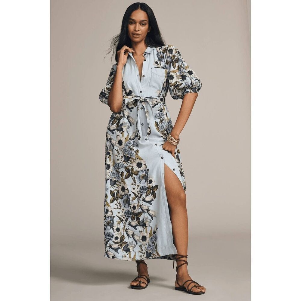 Anthropologie Maeve The Mona Linen Shirt Dress Blue Floral Medium NEW No belt